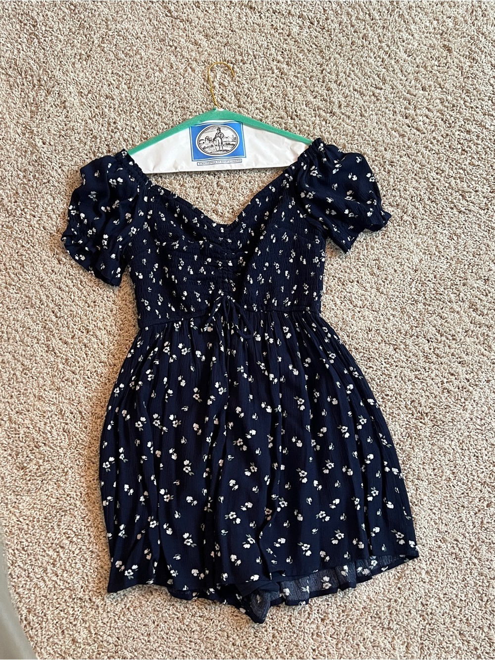 Hollister Navy Floral Puff-Sleeve Romper Dress